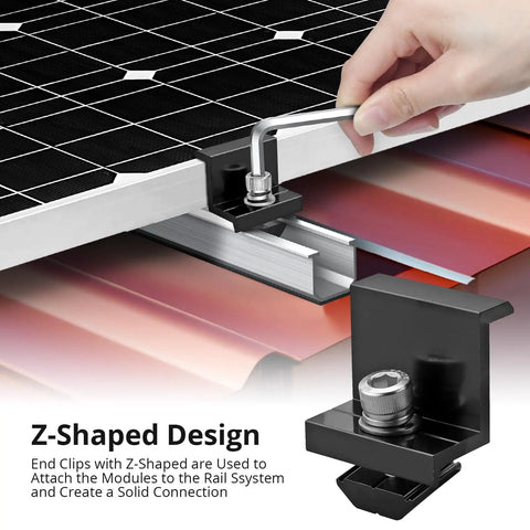 10 Pack Solar Panel Mounting Brackets 1.38 Inch Aluminum Alloy Roof Clamps With 304 Stainless Steel Fasteners installed on solar panel rails.