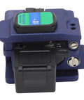 High Precision Machined Aluminum Alloy Fiber Cleaver With Automatic Return Cutter And 3 In One Fixture, top view, blue design.