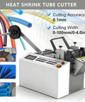 Professional Heavy Duty Electric Conduit And Automatic Heat Shrink Tube Cutter With A Beefy 300 Watt Motor Serving Up 6000 Crisp Cuts Per Hour And A Built In Cooling Fan For Bald Knuckle Free Workdays showing cutting accuracy and different tube materials.