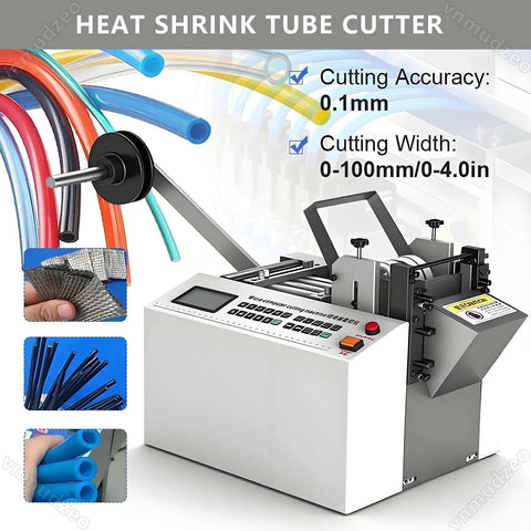 Professional Heavy Duty Electric Conduit And Automatic Heat Shrink Tube Cutter With A Beefy 300 Watt Motor Serving Up 6000 Crisp Cuts Per Hour And A Built In Cooling Fan For Bald Knuckle Free Workdays showing cutting accuracy and different tube materials.