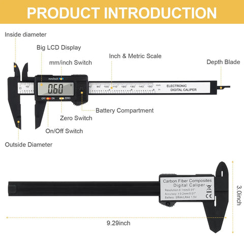 Digital Caliper 0-6 Inch With Big LCD Screen Auto On Off Feature Inch Millimeter Conversion Measuring Tool Handy For Home DIY Jewelry Making And Crafts Precise Readings Versatile For Everyday Use In Home Projects, labeled parts overview.