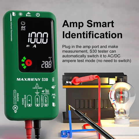 Digital Multimeter With Infrared Thermometer And Rechargeable Battery, 9999 Counts Voltmeter depicted with testing leads.