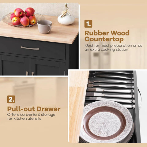 Real Deal Rubberwood Kitchen Island Cart On Wheels With Heavy Duty Casters And Wide Drawer Designed As A Versatile Coffee Bar Or Utility Stand That Brings Casual Vibes To Your Room Without Any Fuss In Classic Black