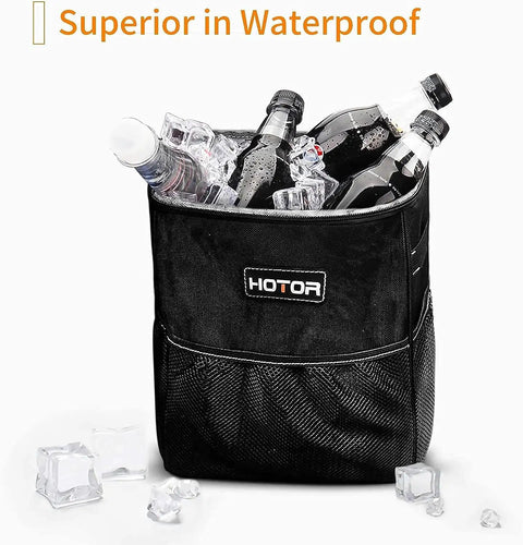 Collapsible Car Trash Bag With Adjustable Headrest Strap, Leakproof Two Gallon Vehicle Organizer filled with drinks and ice.