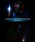0.1ms Auto Darkening Welding Helmet with True Color large viewing screen and adjustable headband in use during welding