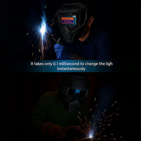 0.1ms Auto Darkening Welding Helmet with True Color large viewing screen and adjustable headband in use during welding