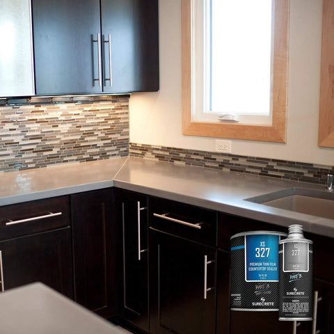 Rock Hard Concrete Countertop Sealer Semi Gloss Water Based Formula shown on modern kitchen countertop under natural light.