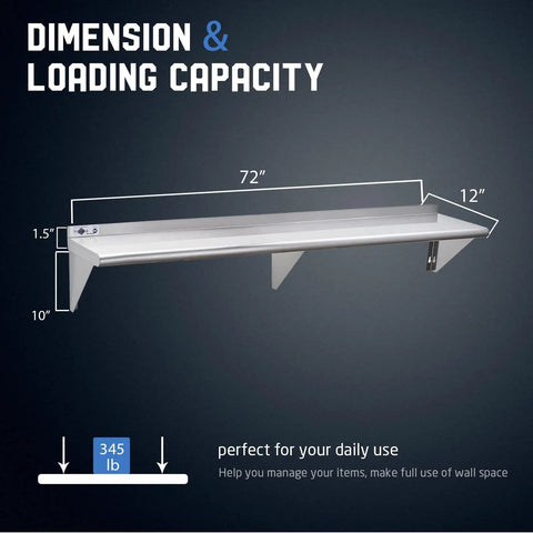 Heavy Duty NSF Certified Stainless Steel Wall Shelf 12 By 72 Inches Commercial Kitchen Storage Rack Built Like A Tank With A Slick Rust Resistant Finish Easy Cleanup Totally Rock Solid For Your Kitchens And Shops