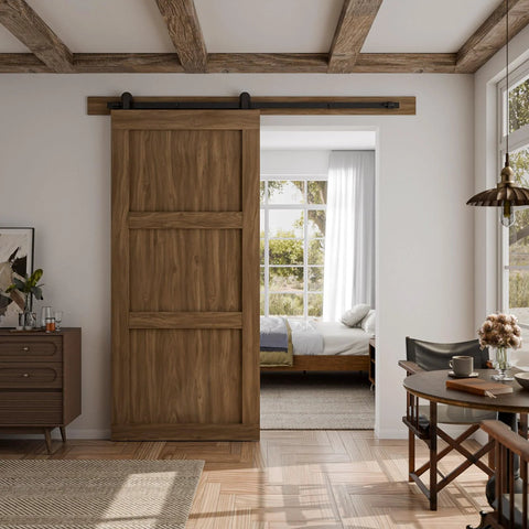 Five Foot Sliding Barn Door Hardware Kit Heavy Duty With Quiet Smooth Operation And Easy Install Fits Thirty Inch Wide Single Door Panel T Shaped Black Includes Solid Steel Roller Hanger And High Strength Flat Tracks Supports Up To 330 Lb 150 Kg installed in home office