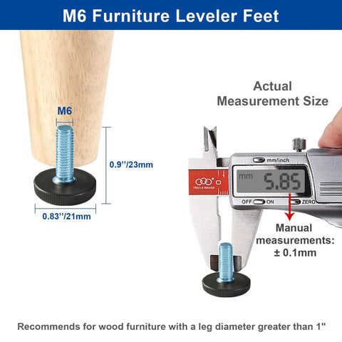 M6 furniture leveler foot with caliper measurement, showing size for threaded adjustable leveling glides, screw in design for stability.