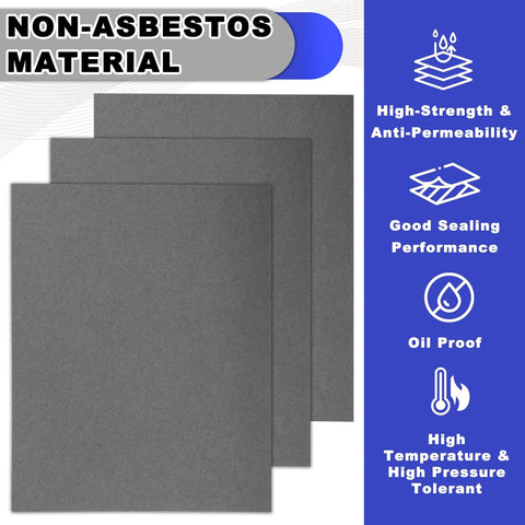 Three gray non-asbestos gasket sheets, high-temp material, 15 x 11.8 in, 0.8/1/1.2 mm thick for small engines