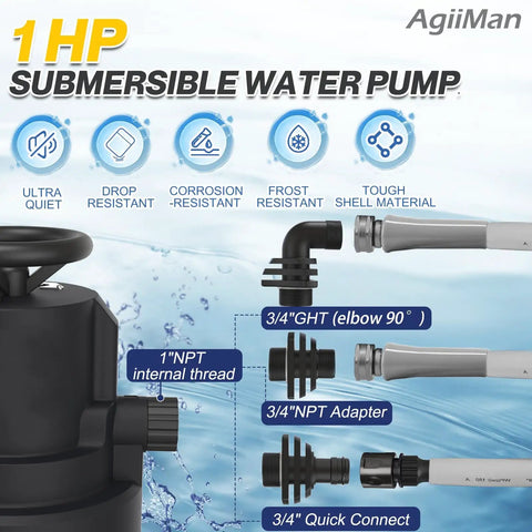 Real Heavy Duty Submersible Sump Pump 1 Hp 5000 Gph Automatic Water Discharge System showing fittings and connections for easy installation.