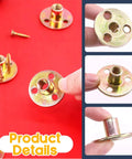 Rock Solid M10 Brad Hole Tee Nuts With Heavy Duty Carbon Steel T Nuts Flange Inserts And Matching Screws For Serious Round Base Mounting Hardware Jobs In A Massive 64 Piece Assortment Kit on a red background.