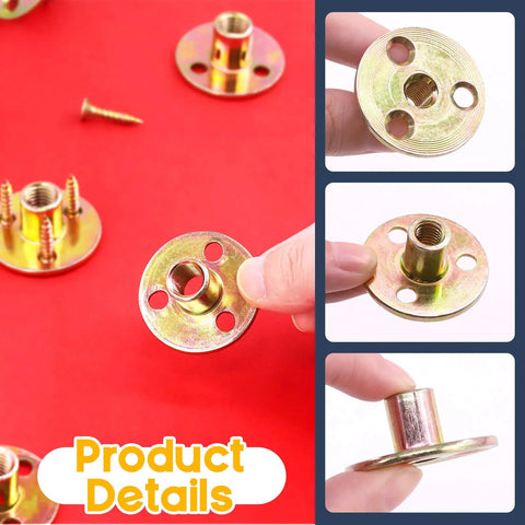Rock Solid M10 Brad Hole Tee Nuts With Heavy Duty Carbon Steel T Nuts Flange Inserts And Matching Screws For Serious Round Base Mounting Hardware Jobs In A Massive 64 Piece Assortment Kit on a red background.