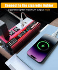 Heavy Duty 1000W Car Power Inverter That Converts 12V DC To 110V AC Smoothly and features a smartphone charging setup.