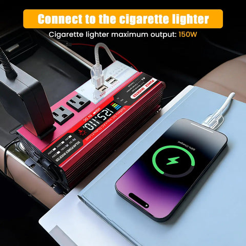 Heavy Duty 1000W Car Power Inverter That Converts 12V DC To 110V AC Smoothly and features a smartphone charging setup.