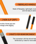 Features of Beastly Heavy Duty Steel Digging Shovel with Fiberglass Handle, 56 Inch Long, focus on grip, handle, and rivets.