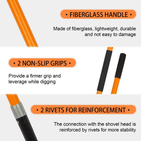 Features of Beastly Heavy Duty Steel Digging Shovel with Fiberglass Handle, 56 Inch Long, focus on grip, handle, and rivets.