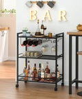 Sleek Black Three Tier Bar Cart With Smooth Rolling Lockable Wheels And Top Shelf Storage, showcasing drinks, glasses, and plants.