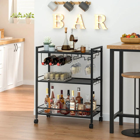 Sleek Black Three Tier Bar Cart With Smooth Rolling Lockable Wheels And Top Shelf Storage, showcasing drinks, glasses, and plants.