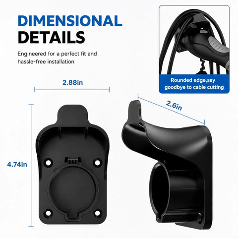 Dimensions of Tough As Nails Heavy Duty Nylon EV Charger Holder Wall Mount for SAE J1772 cord, 4.74in height, 2.88in width.