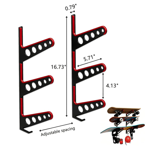 Heavy Duty Steel Skateboard Rack Wall Mount With Grippy Bottom Hook Slots For Triple Deck Longboard Snowboard storage dimensions