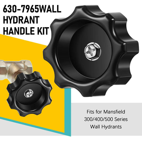 2 Pack Wall Hydrant Handle Kit For Outdoor Faucets Replacement Wheel Shaped Knob With Stainless Self Tapping Screws, Fits Mansfield 500 400 300 6307965, No Fuss Easy Install, Durable Outdoor Water Part Kit shown with black wheel-shaped knob and metallic screw, fitting 300/400/500 series hydrants.