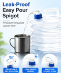 Collapsible Water Container With Spigot For Camping And Travel, easy pour spigot design, water flowing into cup