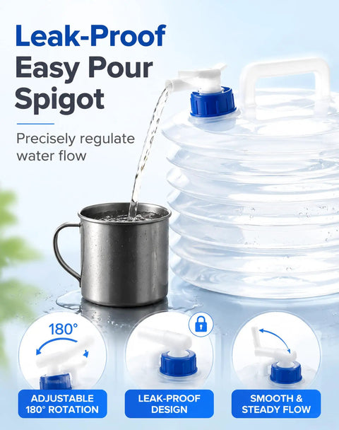 Collapsible Water Container With Spigot For Camping And Travel, easy pour spigot design, water flowing into cup