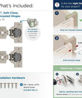 Top Tier Heavy Duty Soft Closing Concealed Cabinet Hinges Three Quarter Inch Overlay Face Frame Mount Compact Build One Pair installation instructions and hardware.