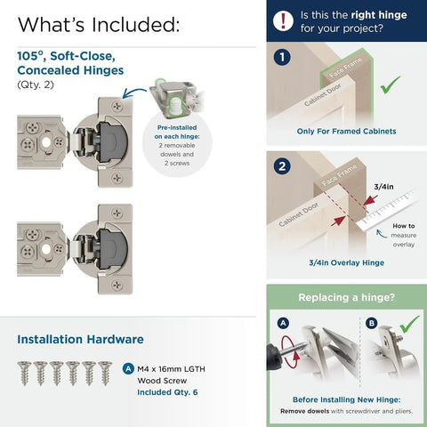Top Tier Heavy Duty Soft Closing Concealed Cabinet Hinges Three Quarter Inch Overlay Face Frame Mount Compact Build One Pair installation instructions and hardware.
