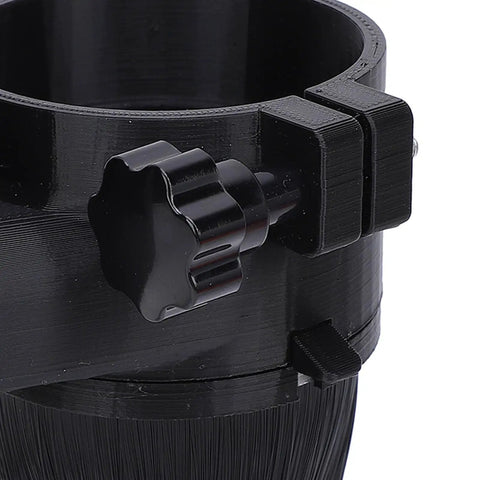 Close-up of CNC Router Dust Shoe With 65 Mm Brush Cleaner, highlighting black adjustable clamp and bristle design.
