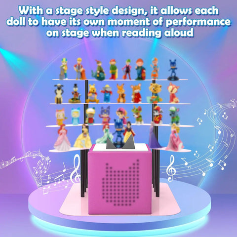 Ultimate Pink Metal Toniebox Stash Holder For 20 To 35 Tonies with stage design showing audio cubes displayed artistically.