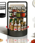 Rotating Spice Rack With Paper Towel Holder, 2 Tier Lazy Susan For Spices And Seasonings holding herbs and condiments.