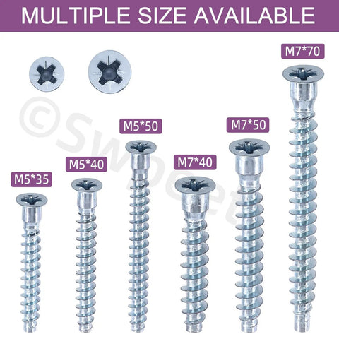 130-Piece Confirmat Screw Kit With 6 Sizes M5 x 35/40/50 And M7 x 40/50/70 Zinc Plated Carbon Steel Phillips Countersunk Self-Tapping Screws