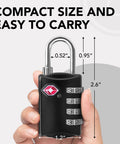 Hand holding a compact black padlock labeled TSA with dimensions, 2 Pack No Fuss Durable Steel Luggage Locks With 4 Digit Keyless Combination