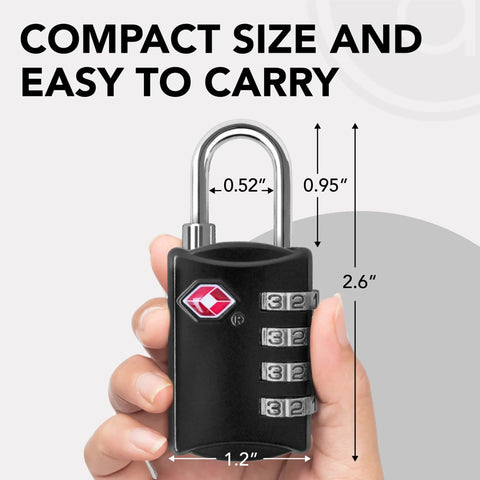 Hand holding a compact black padlock labeled TSA with dimensions, 2 Pack No Fuss Durable Steel Luggage Locks With 4 Digit Keyless Combination