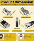 Product diagram showing dimensions of Heavy Duty 62 Piece Solderless Wire Tap Connector Kit featuring polycarbonate material.