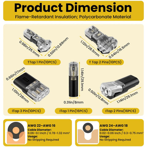 Product diagram showing dimensions of Heavy Duty 62 Piece Solderless Wire Tap Connector Kit featuring polycarbonate material.