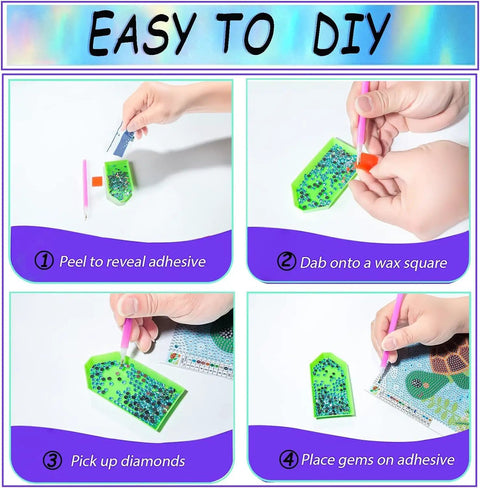Step-by-step guide of Six Pack 5D Cartoon Diamond Painting Kits For Kids Beginners with Cute Animals DIY process.