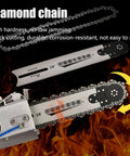 High Torque Electric Concrete Wall Saw Featuring Built Like A Tank Diamond Chain Blade for cutting and slotting, showing 18" diamond chain and bar.