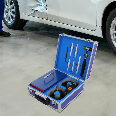 Open blue toolbox with Pro DIY PDR Induction Heater 1380W With Digital Display And Overheat Guard, near dented car panel