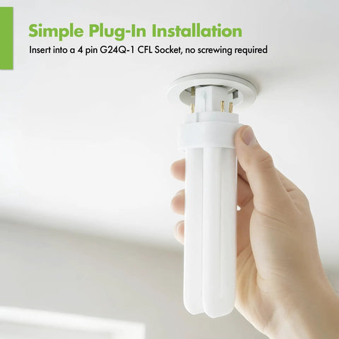 Hand installing 13W CFL Double Tube Light Bulb With G24Q-1 4-Pin Base, 4100K Cool White, 4-Pack, Direct Plug-In Replacement For G24Q-1 Sockets.