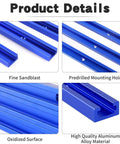 Blue 48 Inch Aluminum T Track Set For Woodworking Six Pack With Predrilled Mounting Holes shown in four detail views.