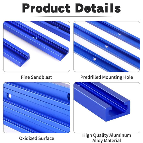 Blue 48 Inch Aluminum T Track Set For Woodworking Six Pack With Predrilled Mounting Holes shown in four detail views.