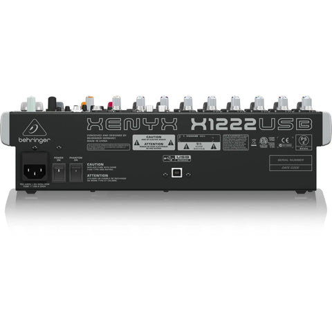 Back view of XenYX X1222USB Premium Sixteen-Input Two-By-Two Bus Mixer with ports and connectors visible.