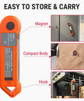 Pro Grade Digital Meat Thermometer With 2 Inch Auto Rotating Backlit Display And Motion Sensing Sleep Wake For Ambidextrous Use shown with storage options using magnet, hook, and compact design.