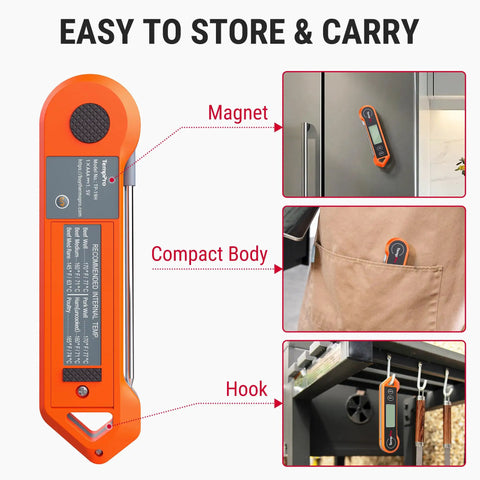 Pro Grade Digital Meat Thermometer With 2 Inch Auto Rotating Backlit Display And Motion Sensing Sleep Wake For Ambidextrous Use shown with storage options using magnet, hook, and compact design.