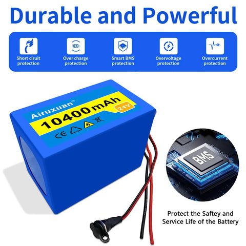 Beefed Up 24V 10.4Ah Lithium Ion Battery Pack With 25.2V 1A Charger showcasing durability and power with BMS protection