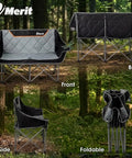 Oversized Heavy Duty Camping Loveseat With Cup Holders Quad Fold Double Camping Couch Holds 650 Lb Weight Capacity Portable Carry Bag For Outdoors Lawn And Sports Events Black shown from front, back, and side in forest setting, with foldable image.